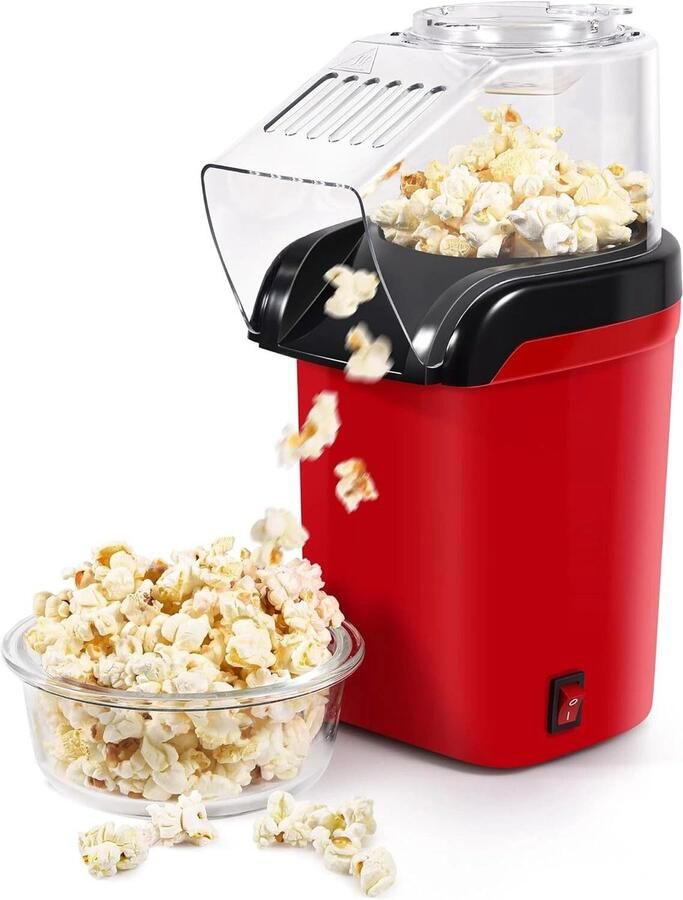 Ruijingsky Popcornmachine Heteluchtpopcornmachine voor huishoudelijk gebruik Elektrische popcornmachine met ventilator Mini heteluchtpopcornmachine Popcornmachine 1200W Met maatbeker Rood