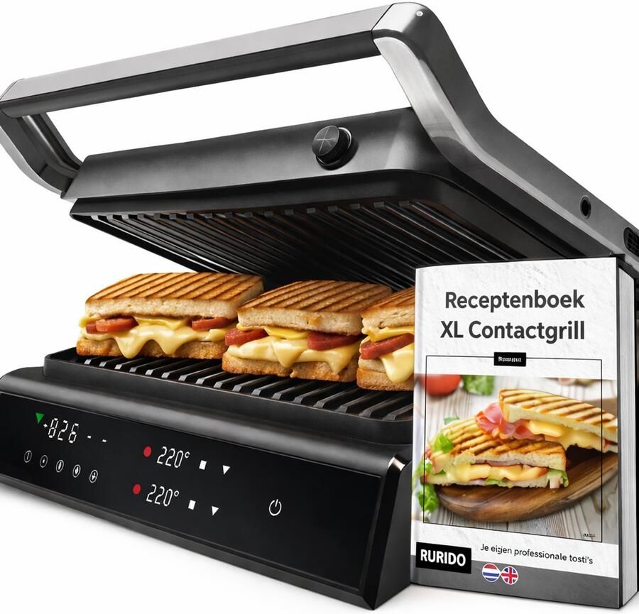 Rurido XL Tosti Apparaat 2000 W met Uitneembare platen – Multifunctioneel als Tosti ijzer Contactgrill Grill apparaat & Panini grill – Inclusief Gratis digitaal receptenboek