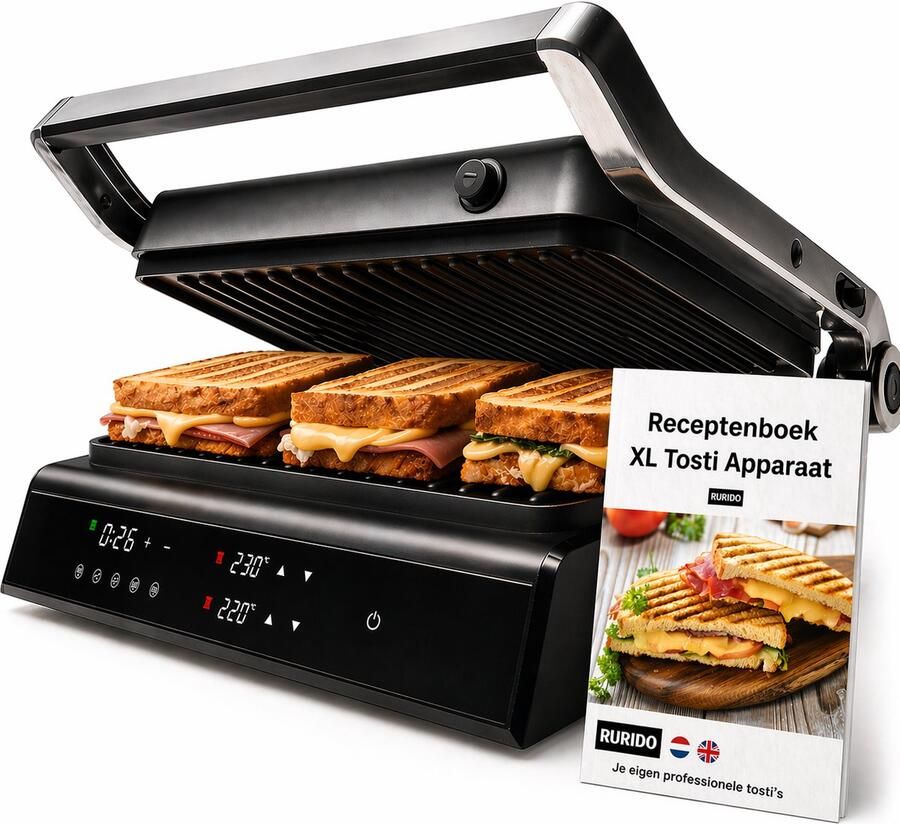 Rurido XL Tosti Apparaat 2000 W met Uitneembare platen – Multifunctioneel als Tosti ijzer Contactgrill Grill apparaat & Panini grill – Inclusief Gratis digitaal receptenboek - Foto 2
