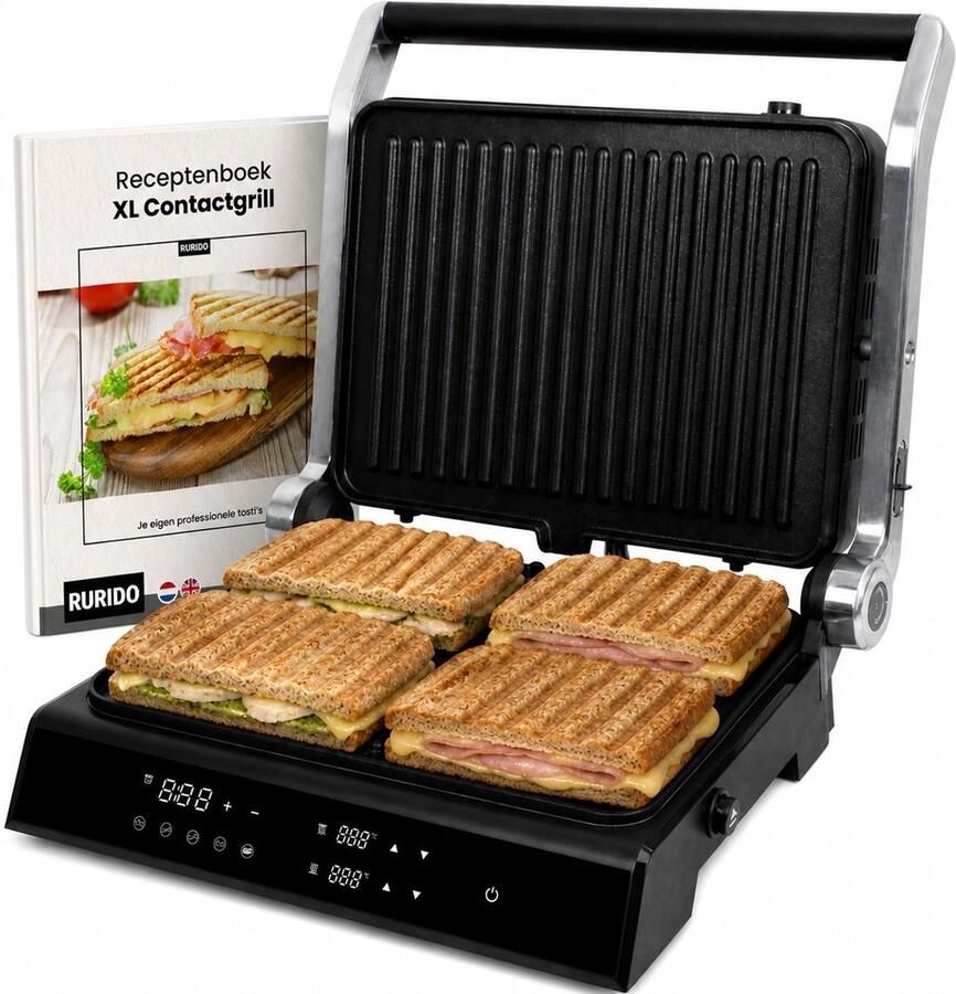 Rurido XL Tosti Apparaat 2000 W met Uitneembare platen – Multifunctioneel als Tosti ijzer Contactgrill Grill apparaat & Panini grill – Inclusief Gratis digitaal receptenboek