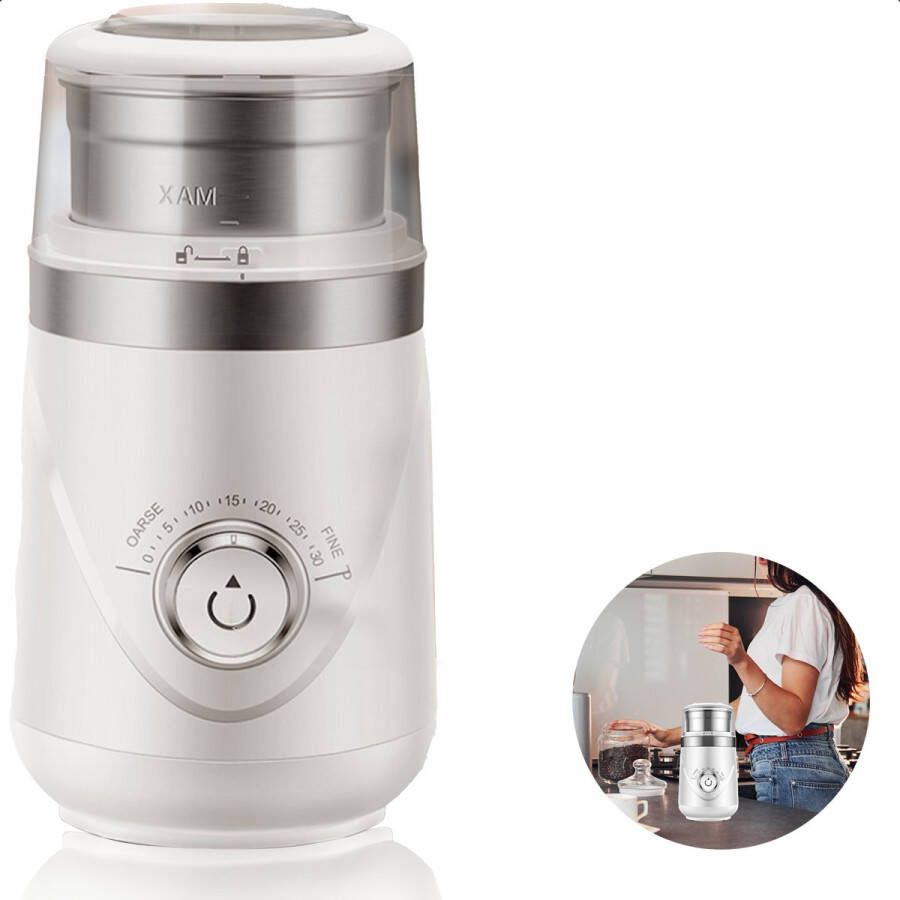 Russo  Elektrische Koffiemolen – Verstelbare Maalgraad – Stil – 200W – RVS – Voor Koffiebonen & Specerijen – 70g Capaciteit – Wit