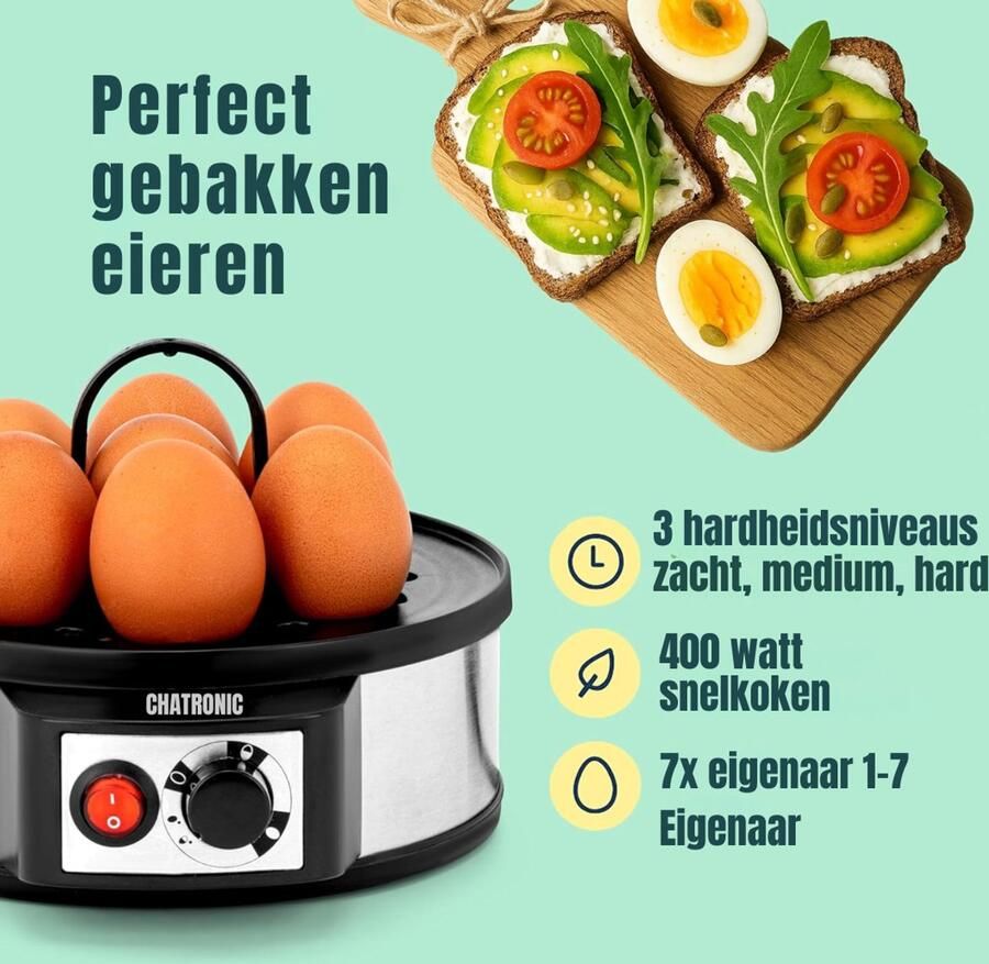 RUX Eierkoker electrisch Eierkoker met timer Zilver Zwart 22cm x 16cm x 19cm; 1 kg