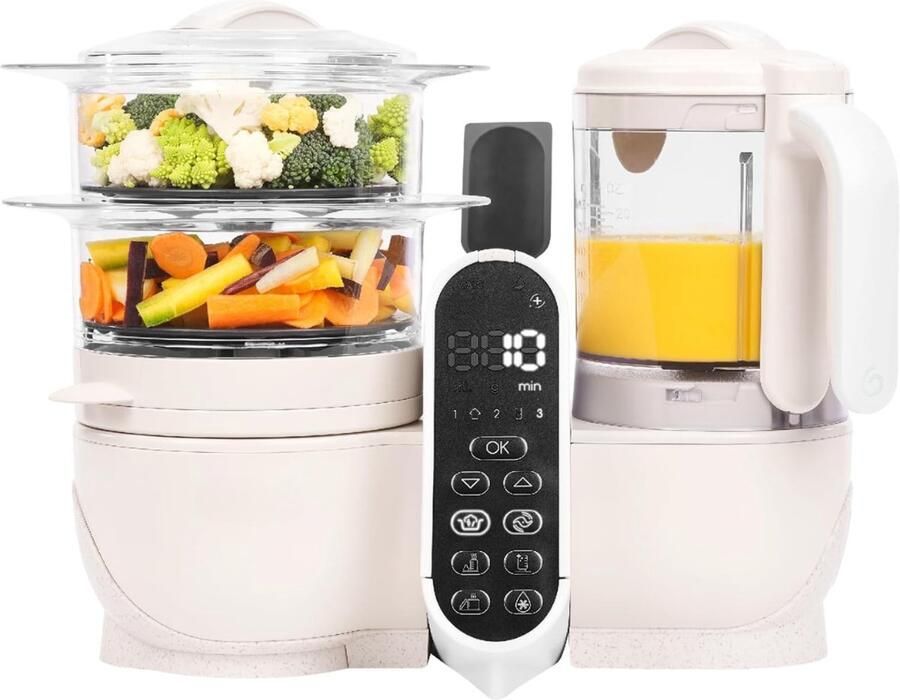 RUX Stoomkoker baby Stomer en Blender 6-in-1 Multifunctionele Baby Cooker Multifunctionele Robot Cooker Babyvoeding Maker – Foodprocessor – 2 Liter Capaciteit- Beige 22cmx 28cm x 38cm