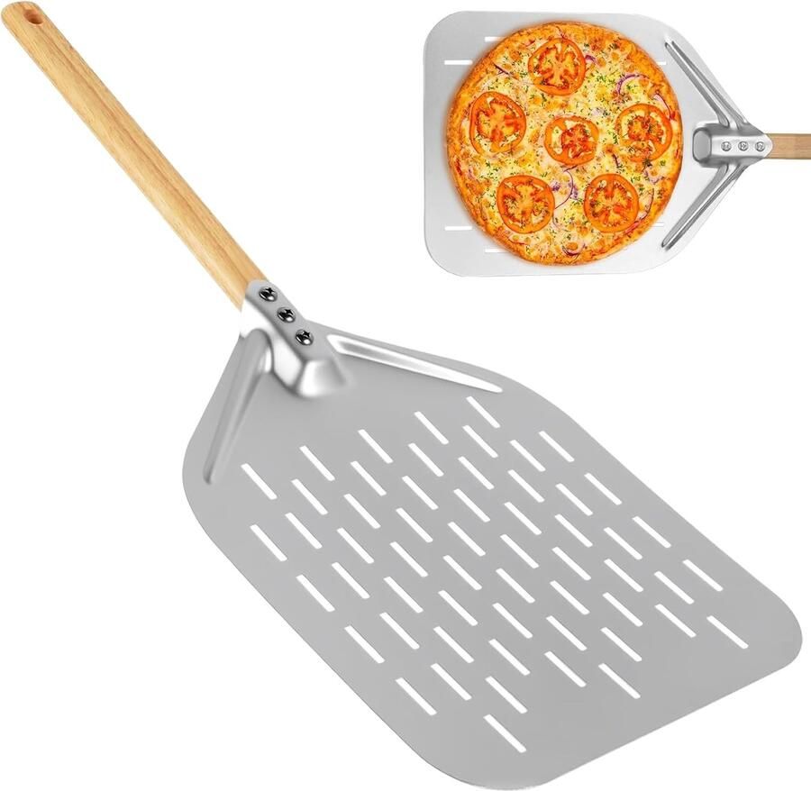 Rvs Pizzaplank van 30 cm met Afneembare Houten Handgreep Ideaal voor Oven en Grill Inclusief Aluminium Pizzaschuiver en Perforaties voor Perfecte Krokante Korst