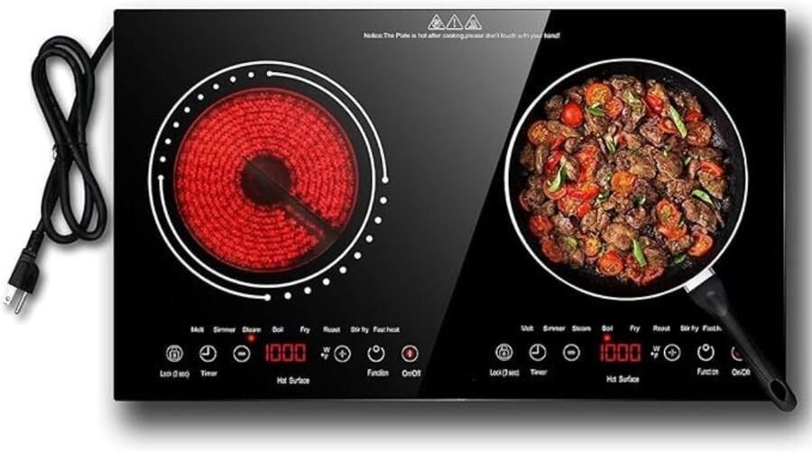 RVV Elektrische Kookplaat 2 Pits Elektrische Fornuis Elektrische Kookplaat Vrijstaand 2 Kookzones Kinderslot Zwart 36cm x 28cm x 7cm