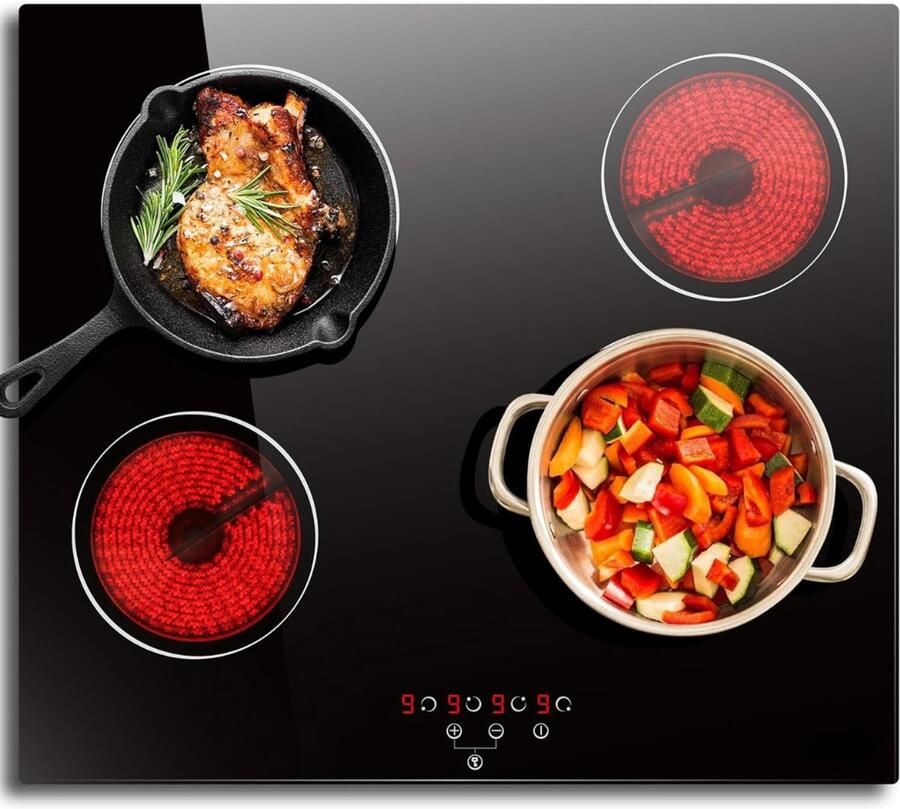 RVV Elektrische Kookplaat 4 Pits Elektrische Fornuis Elektrische Kookplaat Vrijstaand 4 Kookzones Kinderslot Zwart 59cm x 52cm x 5cm