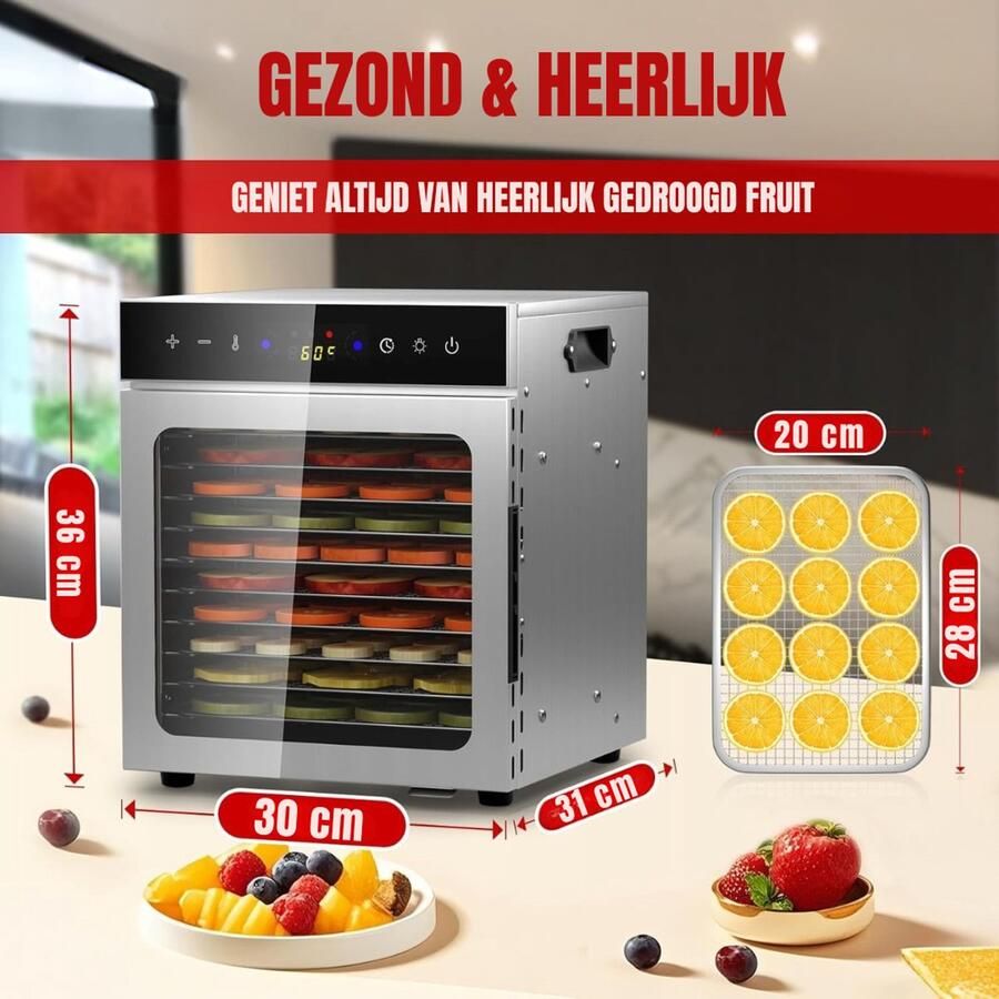 RVV Voedseldroger Droogoven Fruitdroger 6 Lagen 30 tot 90 Graden zilver grijs ‎44 x 37 x 37 cm