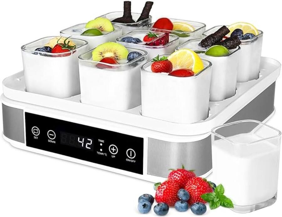 RVV Yoghurtmaker Yoghurtmakers Yoghurtmachine 9 x 170 ml 25 tot 65 Graden zilvergrijs 27cm x 25cm x 15cm