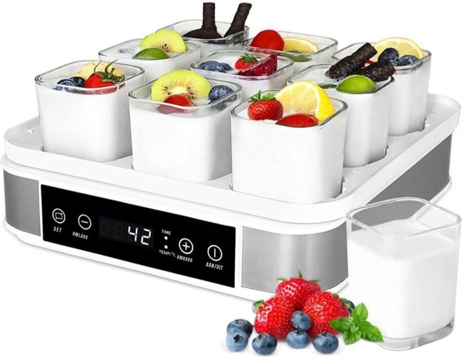 RwB Yoghurtmaker Yoghurtmakers Yoghurtmachine 9 x 170 ml 25 tot 65 Graden Zilver Wit 26.7cm x 25.1cm x 14.6cm