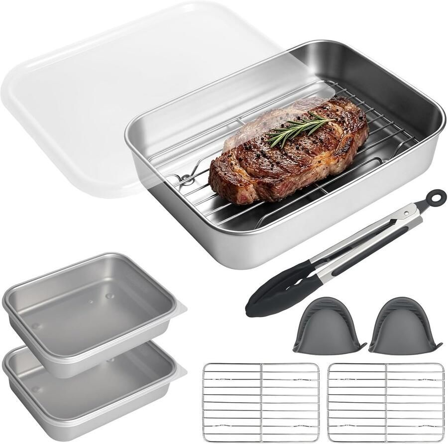Rzspher 6 stuks airfryer-accessoires ovenschaal airfryer van roestvrij staal 2 x schaal 2 x grillrooster tang en handschoenen vaatwasmachinebestendig compatibel met Ninja AF400 AF500 DZ400