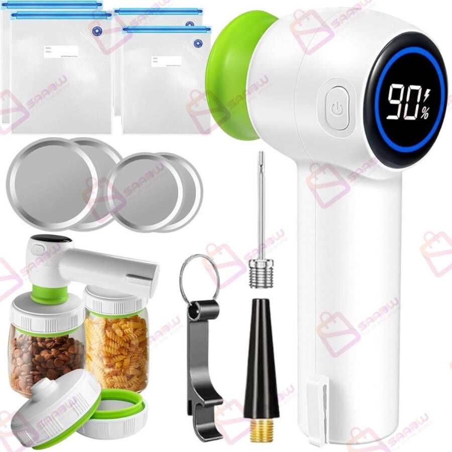 SAABW Elektrische Vacuümpomp met LED Display – Voor Voedselzakken Potten & Ballen – Inclusief Vacuümzakken & Deksels – vacuumpomp – vacuumzakken – vacumeermachine – 74214