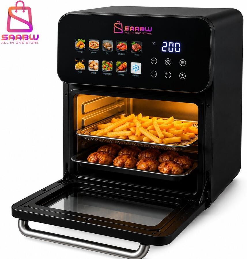 SAABW Airfryer XXL 16L 2400W – Heteluchtfriteuse met 10 Automatische Programma's Touchscreen Kijkvenster en Binnenverlichting – Olievrije Friteuse voor Bakken Grillen Braden en Frituren – Zwart –90177