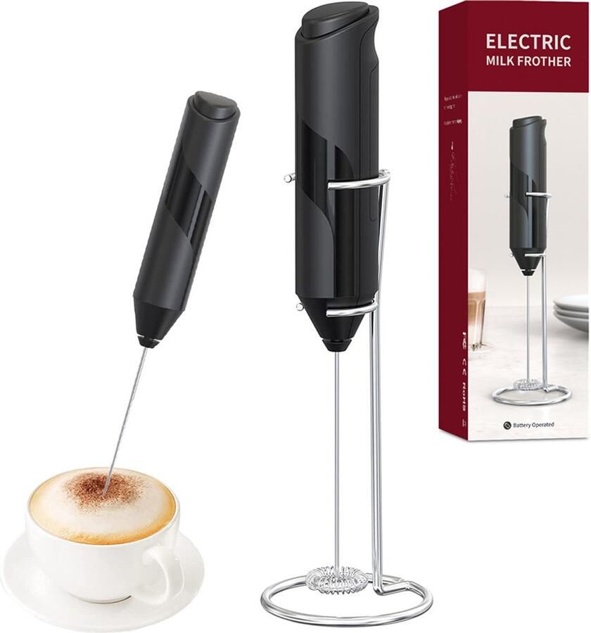 SAABW Handmatige Melkopschuimer met Standaard – Mini Batterij Klopper voor Koffie Cappuccino & Latte – Zwart – melkopschuimer – Koffie Mini Mixer Met Houder – Handig op de Camping – RVS – 34645