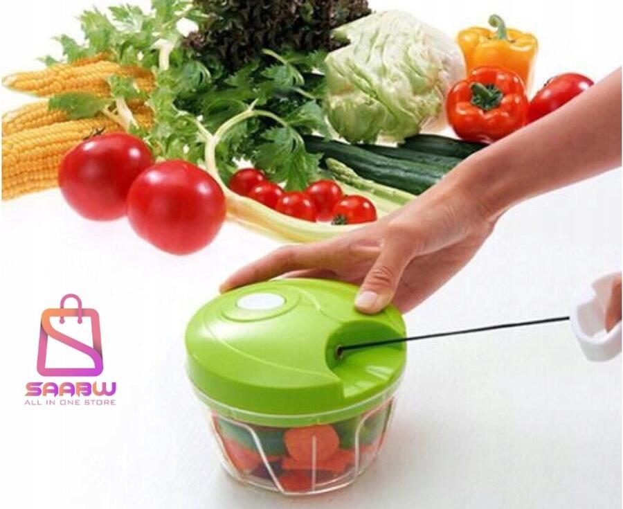 SAABW Handmatige Trekkoord Groentehakker – Ui & Knoflook Snijder met 6 RVS messen – 0 5L – antislip – hakmolen – Hakmolen handmatig – groentehakker – wit– 08059