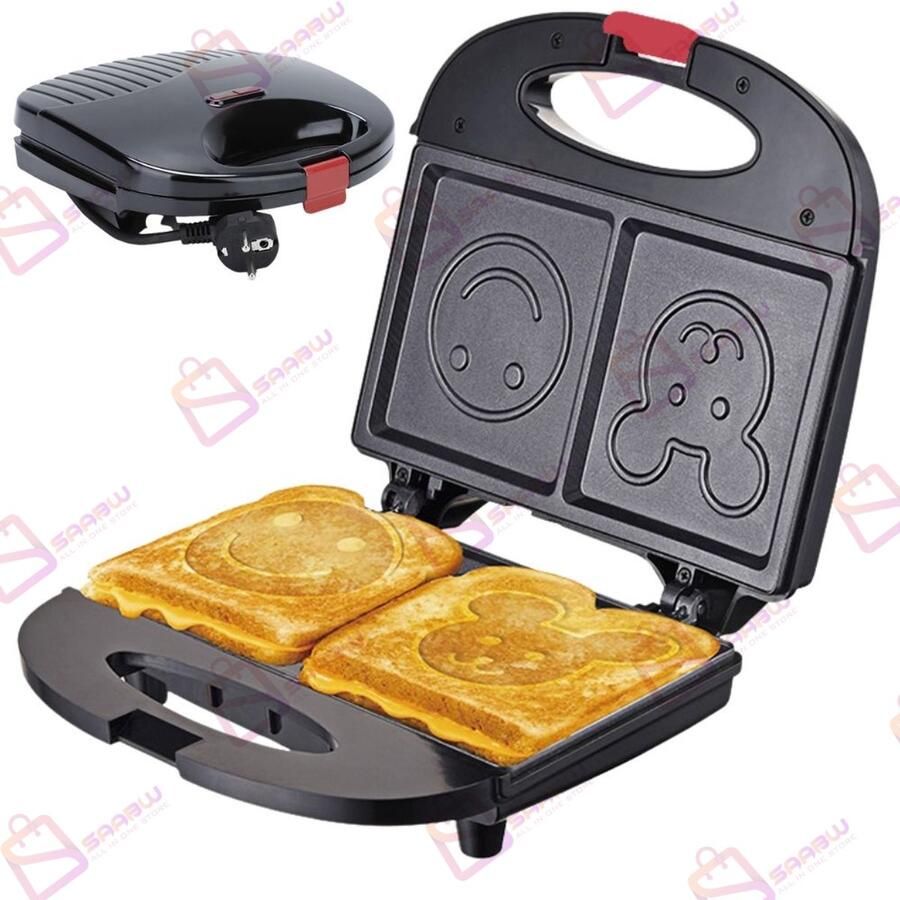 SAABW Tosti IJzer Met Smile Vorm – 750W Antiaanbaklaag – Zwart – tosti apparaat – tosti-ijzers – tosti apparaat broodrooster – 72807