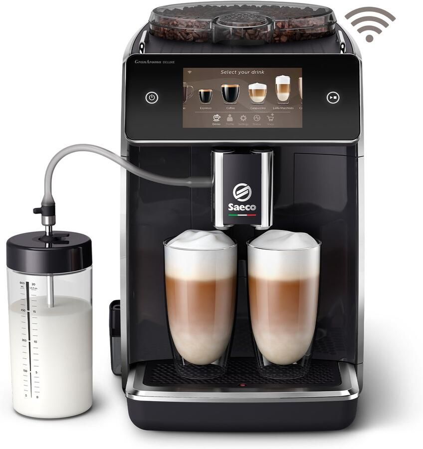 Saeco GranAroma Deluxe SM6680 00 Zwart Espressomachine 18 Dranken met melksysteem Groot scherm Slim & verbonden Volautomatisch Koffiemachine met bonen + AquaClean filter
