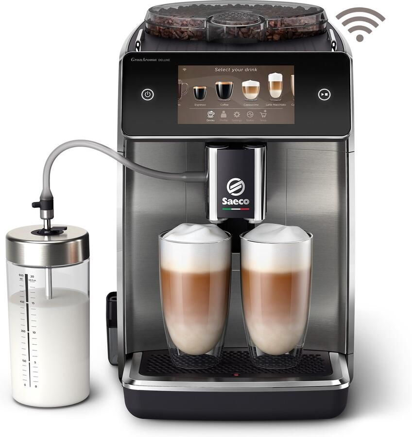 Saeco GranAroma Deluxe Espressomachine 18 Dranken met melksysteem Groot scherm Slim & verbonden Volautomatisch Koffiemachine met bonen + AquaClean filter Metaal Zwart (SM6685 00) - Foto 2