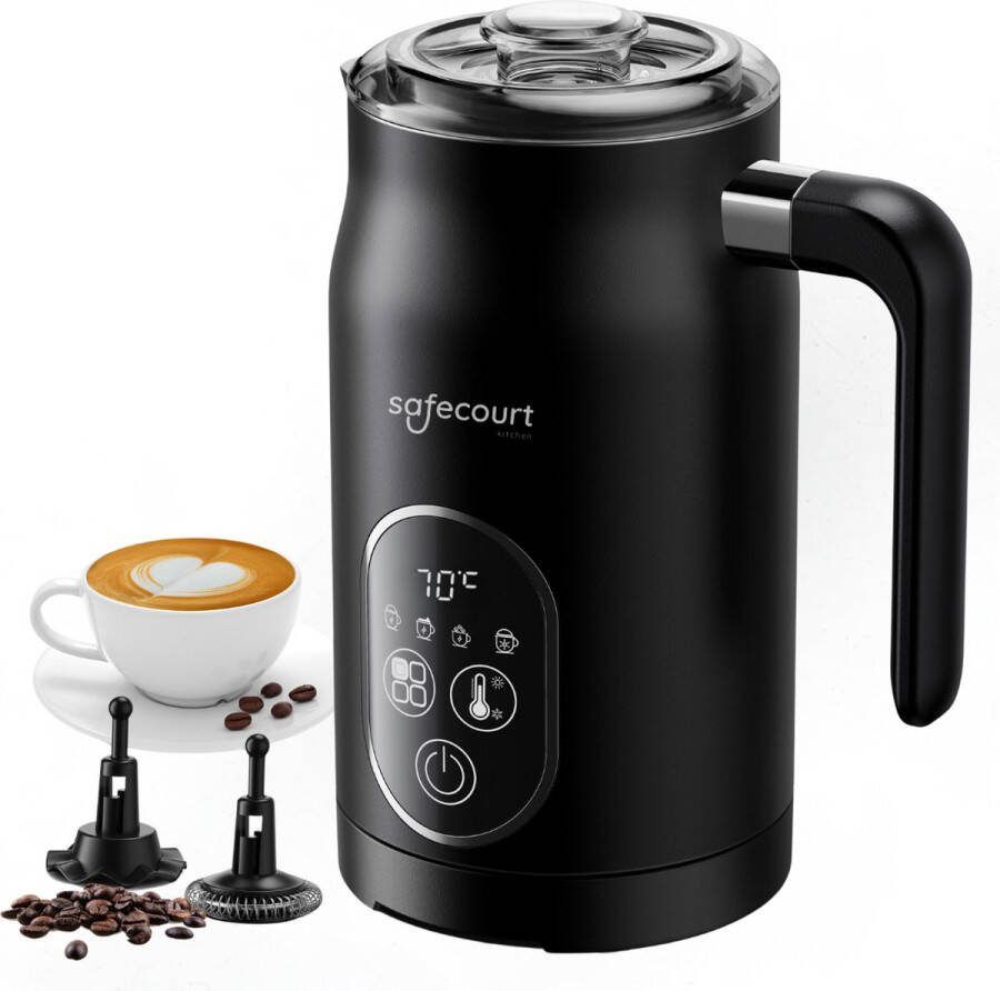 Safecourt Kitchen Elektrische Melkopschuimer – 100% PFAS-vrij – Display & Temperatuurregeling – 4-in-1 – 350ml – Zwart