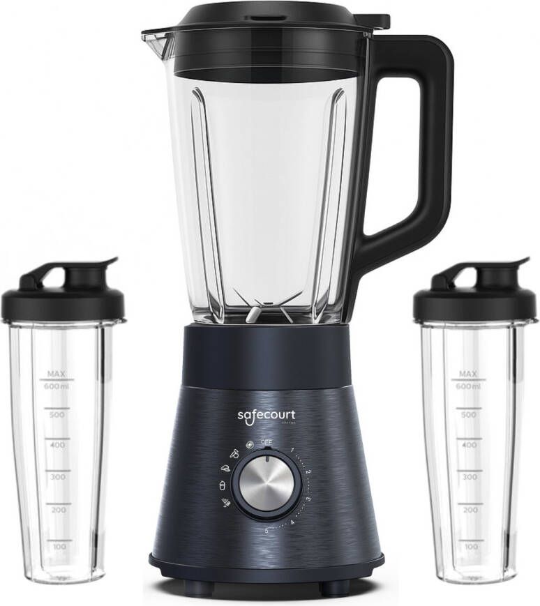 Safecourt Kitchen Power Blender 1 5L Glas & 2x 600ml To-Go beker 1300W Smoothie maker Krachtig stil en eenvoudige reiniging RVS
