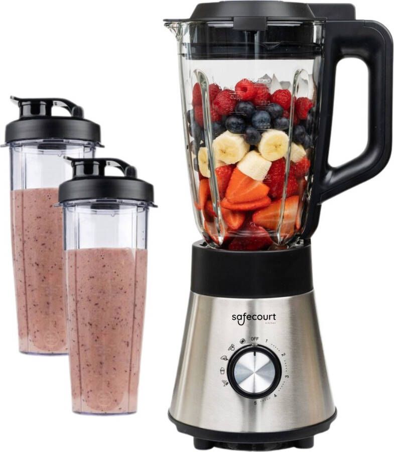 Safecourt Kitchen Power Blender 1 5L Glas & 2x 600ml To-Go beker 1300W Smoothie maker Krachtig stil en eenvoudige reiniging RVS - Foto 4