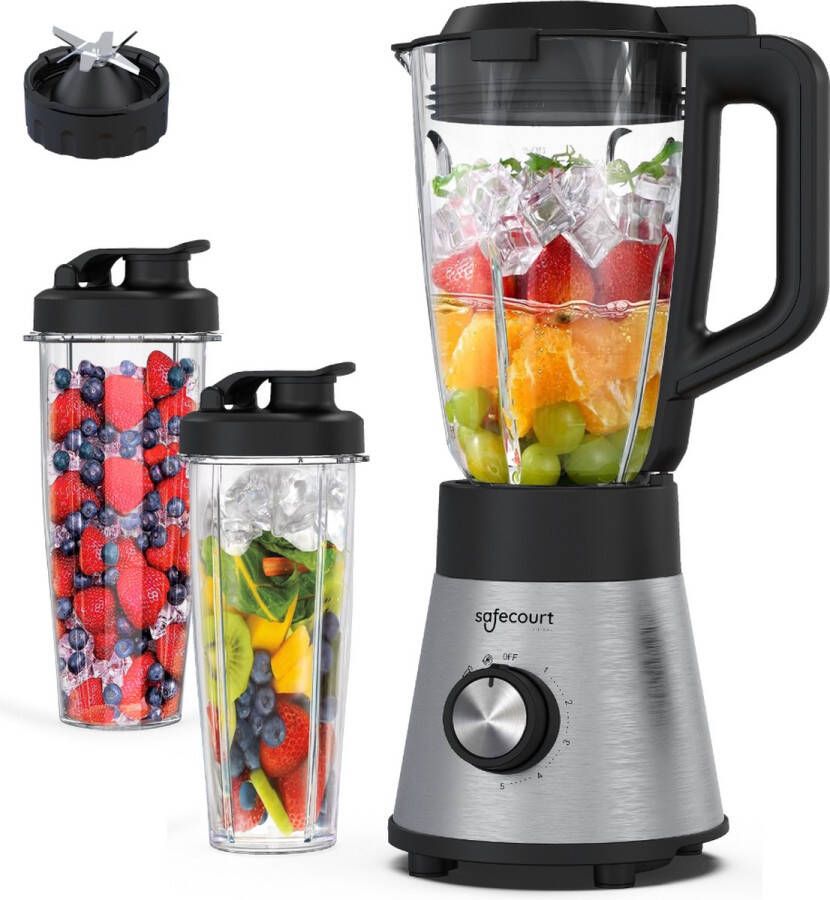 Safecourt Kitchen Power Blender 1 5L Glas & 2x 600ml To-Go beker 1300W Smoothie maker Krachtig stil en eenvoudige reiniging RVS
