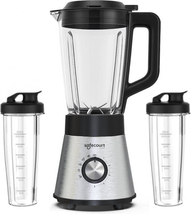 Safecourt Kitchen Power Blender 1 5L Glas & 2x 600ml To-Go beker 1300W Smoothie maker Krachtig stil en eenvoudige reiniging RVS - Foto 2