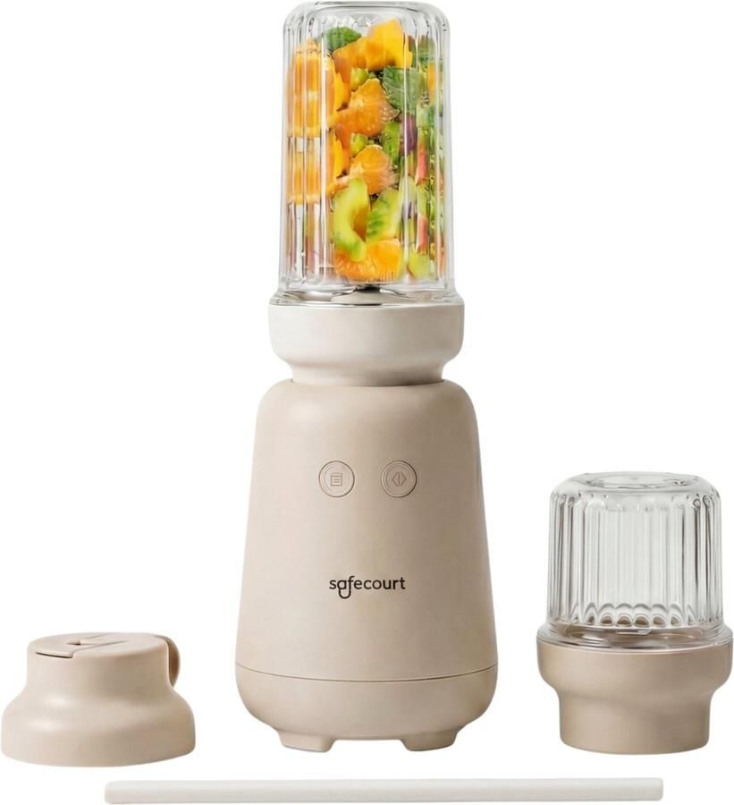 Safecourt Kitchen PureBlend 1000W Smoothie maker BPA vrij inclusief to-go drinkdeksel + rietje- Premium Tritan blendbekers Beige