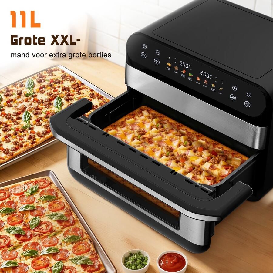 Saikefy Airfryer XXL 11 Liter Gestapelde Lades 11 Programma's Airfryer met Intelligent Touchbediening Heteluchtfriteuse Inclusief 4 handige accessoires