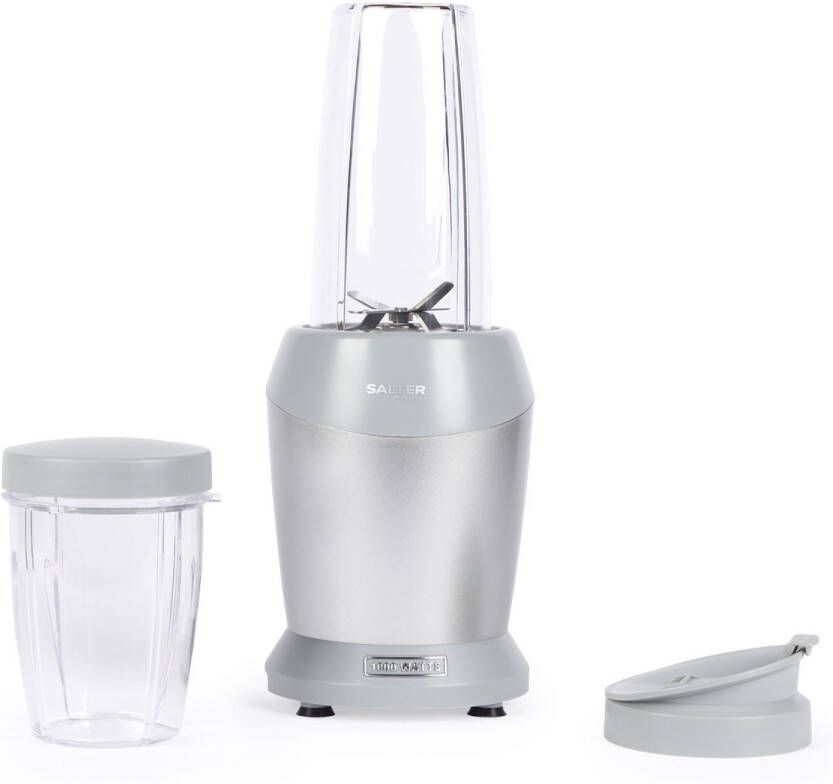 Salter Aspen NutriPro-blender – compacte persoonlijke blender mini-smoothiemaker blenderkan van 1 liter met opbergdeksel drinkbeker van 800 ml afneembaar mes met 6 vleugels BPA-vrij 1000 W zilver