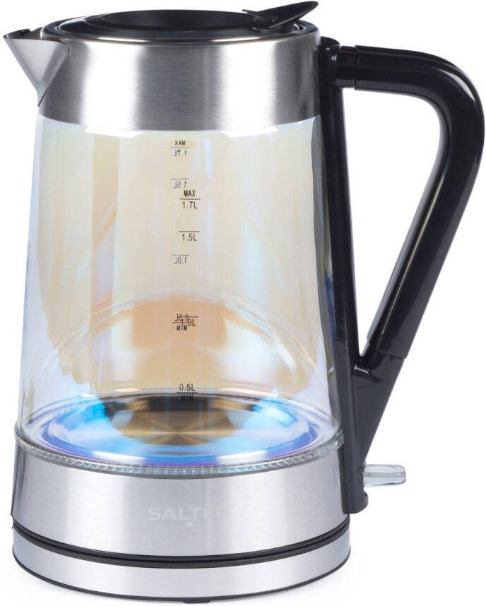 Salter Iriserend Glazen Waterkoker 1 7L Blauwe LED-verlichting Gemakkelijk Vuldeksel met Waterdruk Anti-kalkfilter BPA-vrij 360° Draaibare Basis Kookdroog Sensor Auto-Uitschakeling 2200W