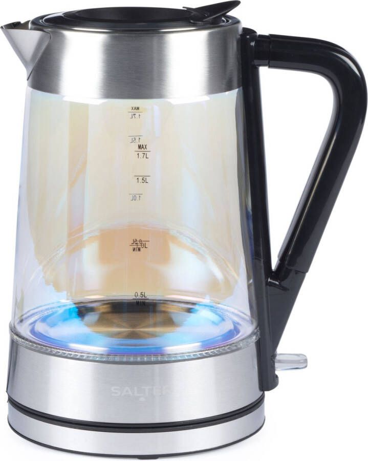 Salter Iriserend Glazen Waterkoker 1 7L Blauwe LED-verlichting Gemakkelijk Vuldeksel met Waterdruk Anti-kalkfilter BPA-vrij 360° Draaibare Basis Kookdroog Sensor Auto-Uitschakeling 2200W