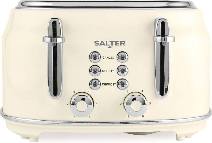 Salter Retro Cream 4-Slice broodrooster – 6 standen – brede sleuven – ontdooien opwarmen en annuleren – 1630W
