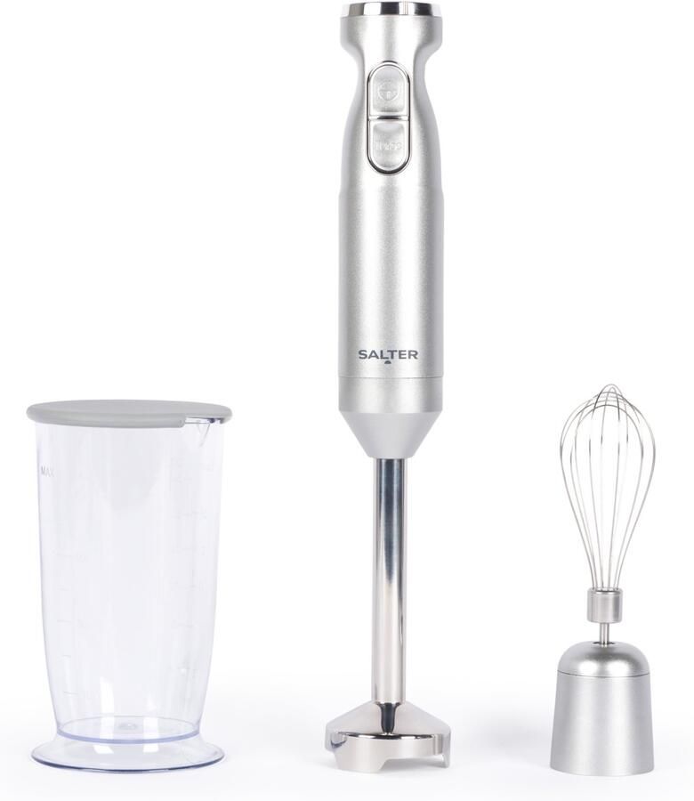 Salter Aspen Blend & Whk Pro – 2 in 1 mixer voor voedingsmiddelen Immersion Stick Blender elektrische bakgarde voedselhakmolen roestvrijstalen mes variabele snelheidsinstellingen beker van 700 ml 1000 W zilver