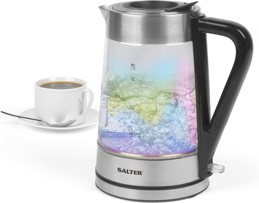 Salter Iriserend Glazen Waterkoker 1 7L Blauwe LED-verlichting Gemakkelijk Vuldeksel met Waterdruk Anti-kalkfilter BPA-vrij 360° Draaibare Basis Kookdroog Sensor Auto-Uitschakeling 2200W