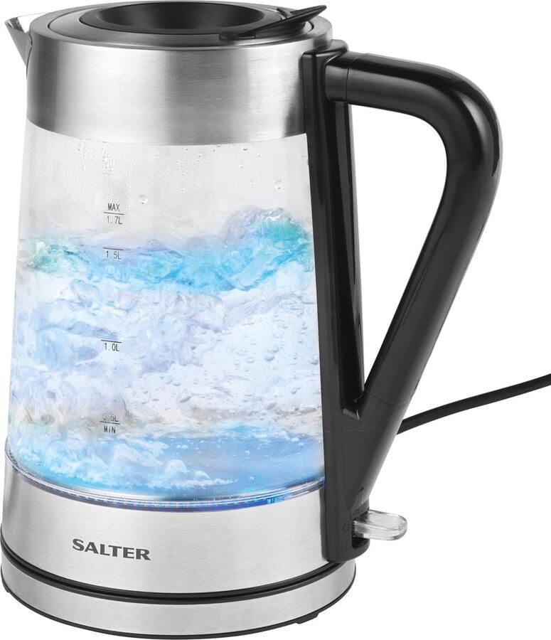 Salter Kleurveranderende Glazen Waterkoker 1 7L LED-verlichting van blauw naar rood eenvoudig te vullen deksel antikalkfilter BPA-vrij 360° draaivoet droogkookbeveiliging 2200W