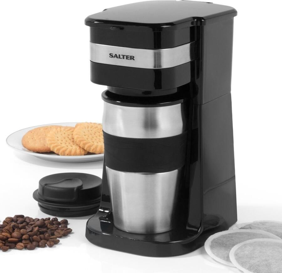 Salter Salte Koffiezetapparaat voor één kopje wasbaar filter 420 ml reismok inbegrepen 3-4 minuten gemalen koffie pads