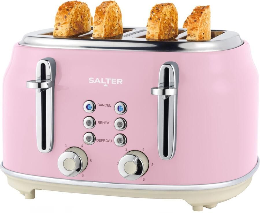 Beldray Salter Retro 4-Slice Broodrooster – Brede Sleuven 6 Bruiningsniveaus Ontdooien Opwarmen Annuleren Functies Uitneembare Kruimellade Extra Dik Brood Bagels 1630W Roze