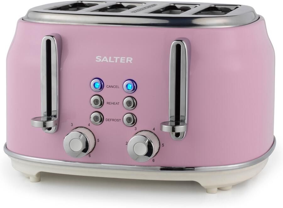 Beldray Salter Retro 4-Slice Broodrooster – Brede Sleuven 6 Bruiningsniveaus Ontdooien Opwarmen Annuleren Functies Uitneembare Kruimellade Extra Dik Brood Bagels 1630W Roze