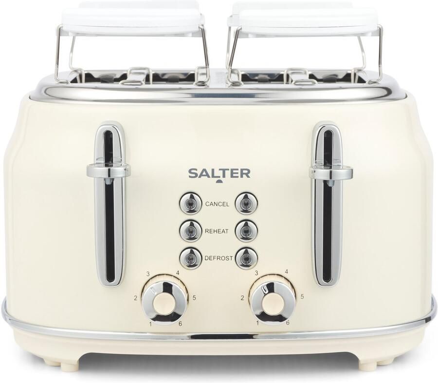 Salter Retro Cream 4-Slice broodrooster – 6 standen – brede sleuven – ontdooien opwarmen en annuleren – 1630W