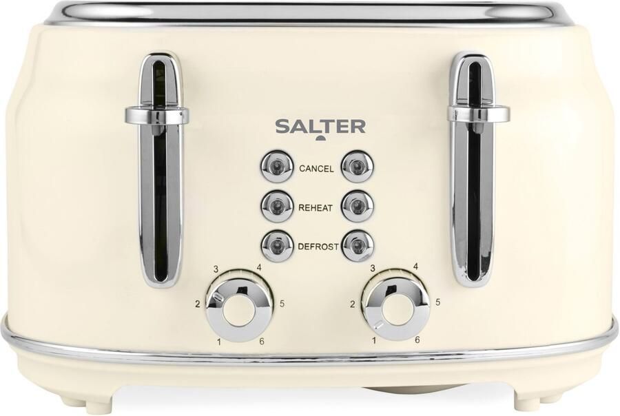 Salter Retro Cream 4-Slice broodrooster – 6 standen – brede sleuven – ontdooien opwarmen en annuleren – 1630W