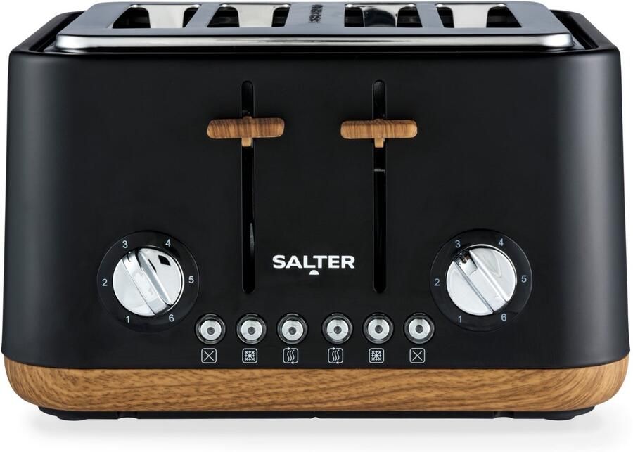 Salter Toronto 4-Slice Toaster – Brede Sleuven 6 Bruiningsniveaus Verwijderbare Kruimellade Ontdooien Opwarmen Annuleren Zelfcentrerende Functie High-Lift Eject 1630 W Mat Zwart