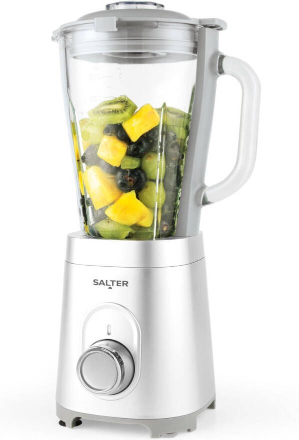 Salter staafmixer met Aspen-kan – Smoothie Maker met een capaciteit van 1 5 liter 2 snelheidsinstellingen en pulsstand roestvrijstalen mes afneembare glazen mengkan veiligheidsvergrendelingsmechanisme eenvoudig te reinigen 600 W zilver