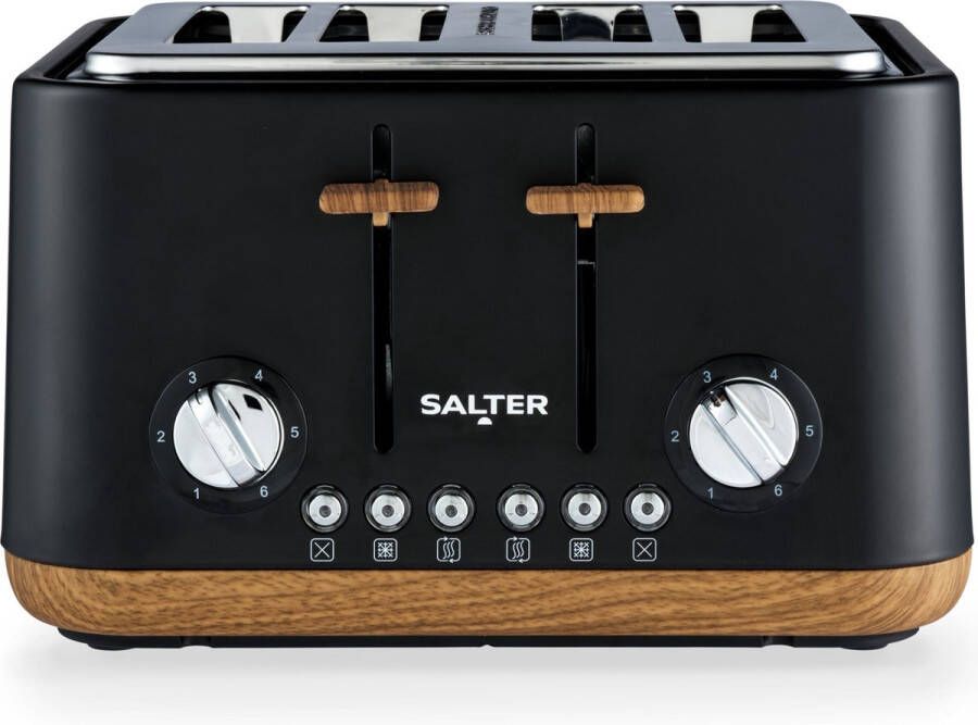 Salter Toronto 4-Slice Toaster – Brede Sleuven 6 Bruiningsniveaus Verwijderbare Kruimellade Ontdooien Opwarmen Annuleren Zelfcentrerende Functie High-Lift Eject 1630 W Mat Zwart