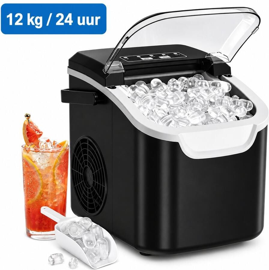 SanaVida IJsblokjes Machine Ice Cube Maker Draagbare IJsblokjesmaker 12KG 24H 2 Maten IJsblokjes Zwart 27x20x28cm