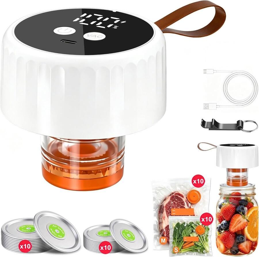 Sander Shop 2026 4-in-1 Elektrische Mason Jar Vacumeermachine Draadloze Vacuüm Sealer voor Wide & Regular Mason Jars Vacuümzakken en Voedselcontainers Incl. 20 Vacuümzakken + 20 Mason Jar Deksel