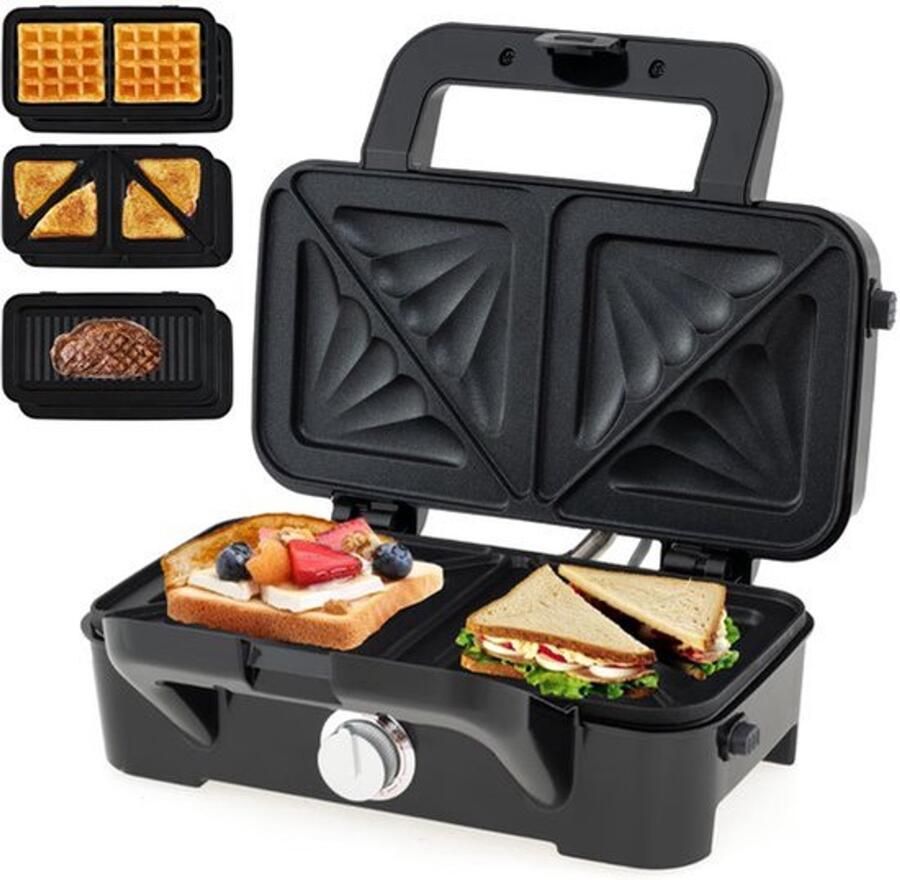 Sandwichmaker 3-in-1 Wafelijzer Paninipers 1082 Watt Vermogen Zwart Antiaanbaklaag Elektrische Contactgrill