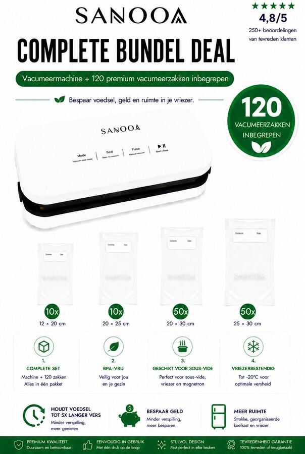 Sanooa Complete Bundel Deal Vacumeermachine + 120 Premium Vacumeerzakken Sous Vide Geschikt BPA Vrij Vacuum sealer vacuum zakken vacumeerzakken