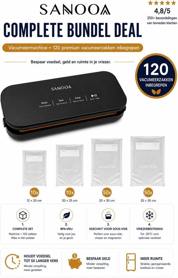 Sanooa Complete Bundel Deal Vacumeermachine + 120 Premium Vacumeerzakken Sous Vide Geschikt BPA Vrij Vacuum sealer vacuum zakken vacumeerzakken