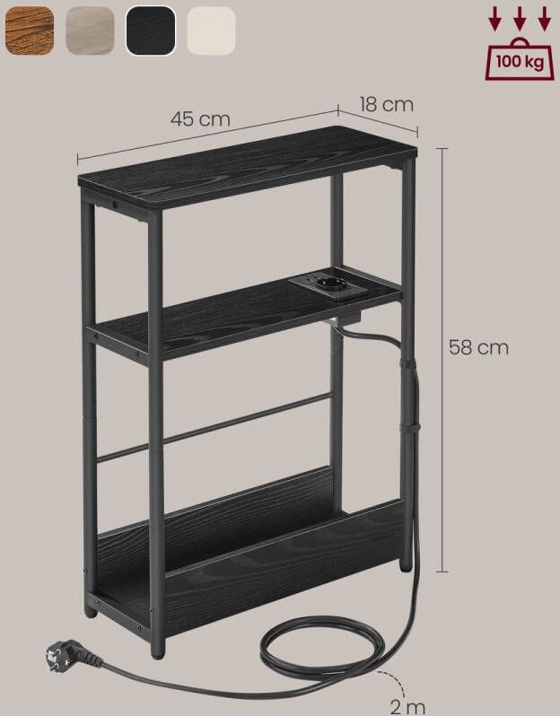 Sattire Tijdschrifthouder & Smalle Bijzettafel in Zwart met 3 Planken – Laadfunctie & Nachtkastje voor Compacte Ruimtes