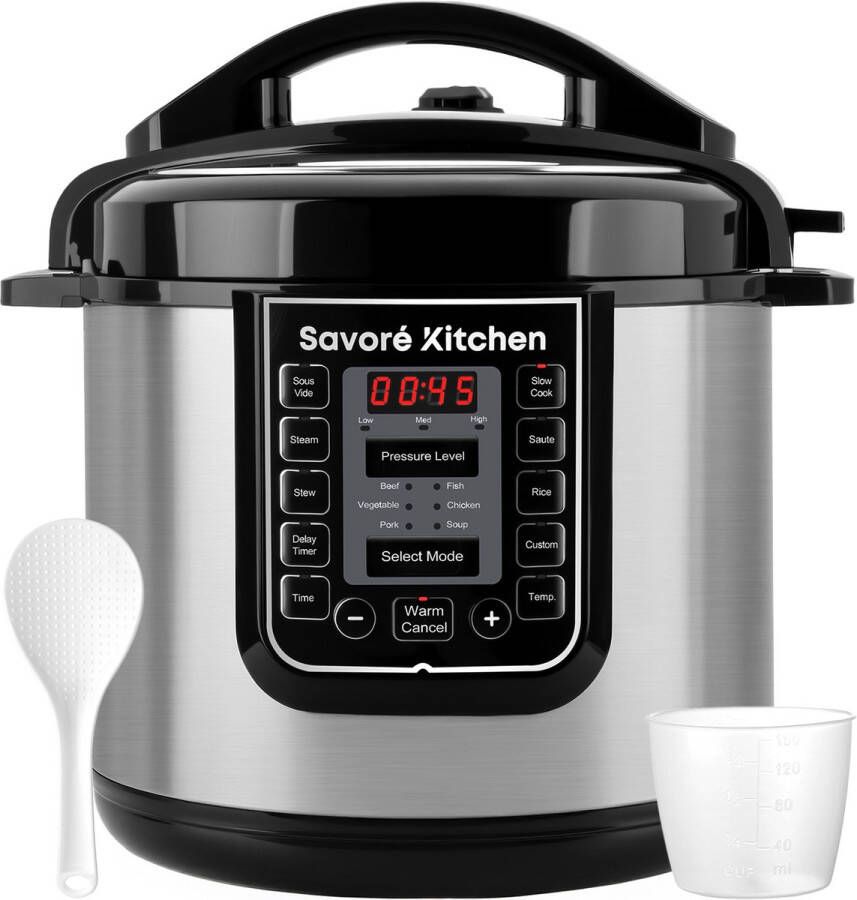 Savoré Kitchen Pressure Cooker – 6L – PFAS Vrij – Snelkookpan Rijstkoker Slowcooker Stomer & Sous-vide in één – Multicooker